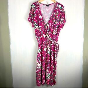 Land's End Floral Faux Wrap Tie Waist Soft Stretchy Jersey Knit Midi Dress Large